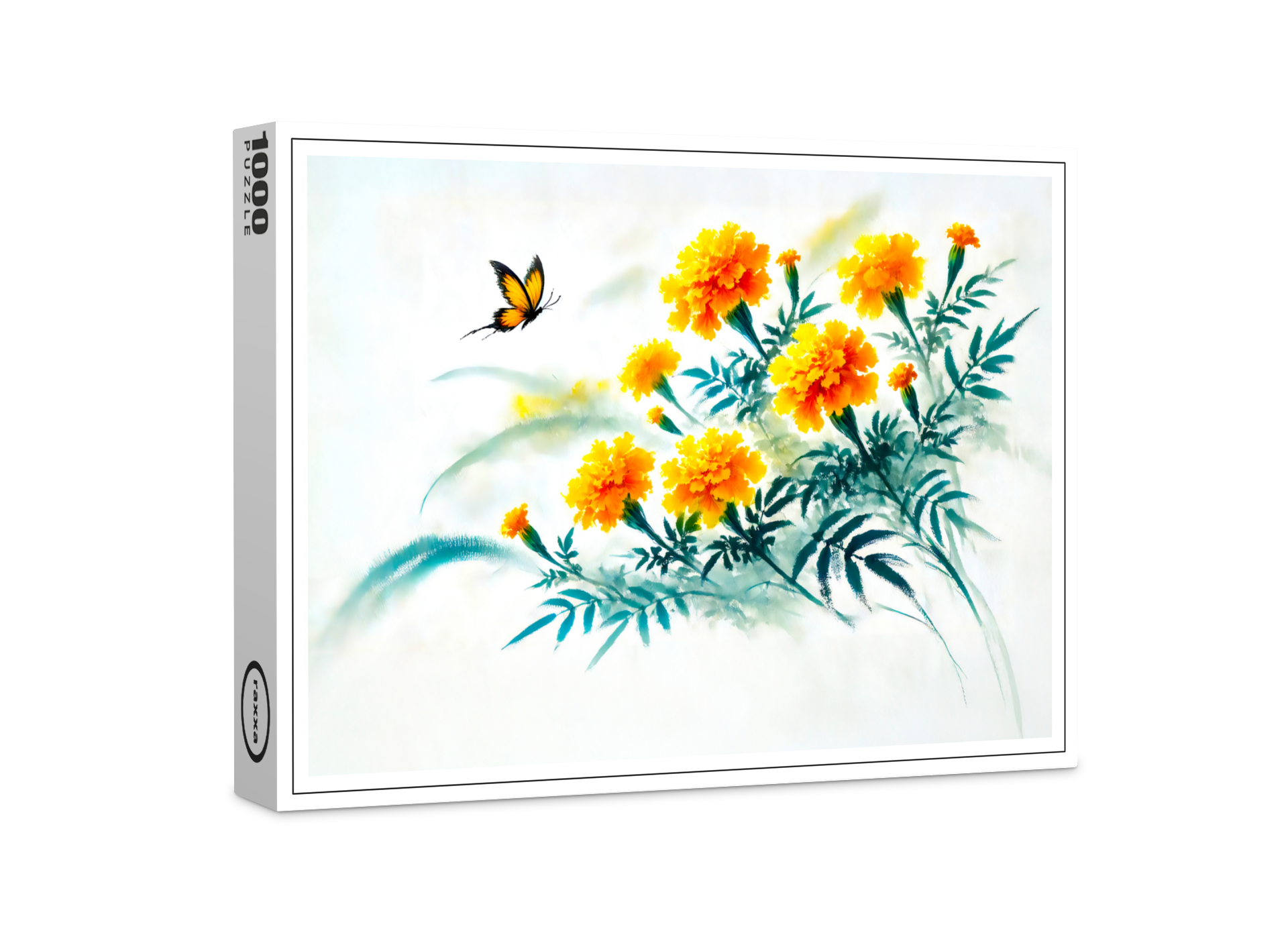 raxxa Premium-Puzzle: Yellow Daisies with Butterfly Asian Ink Painting