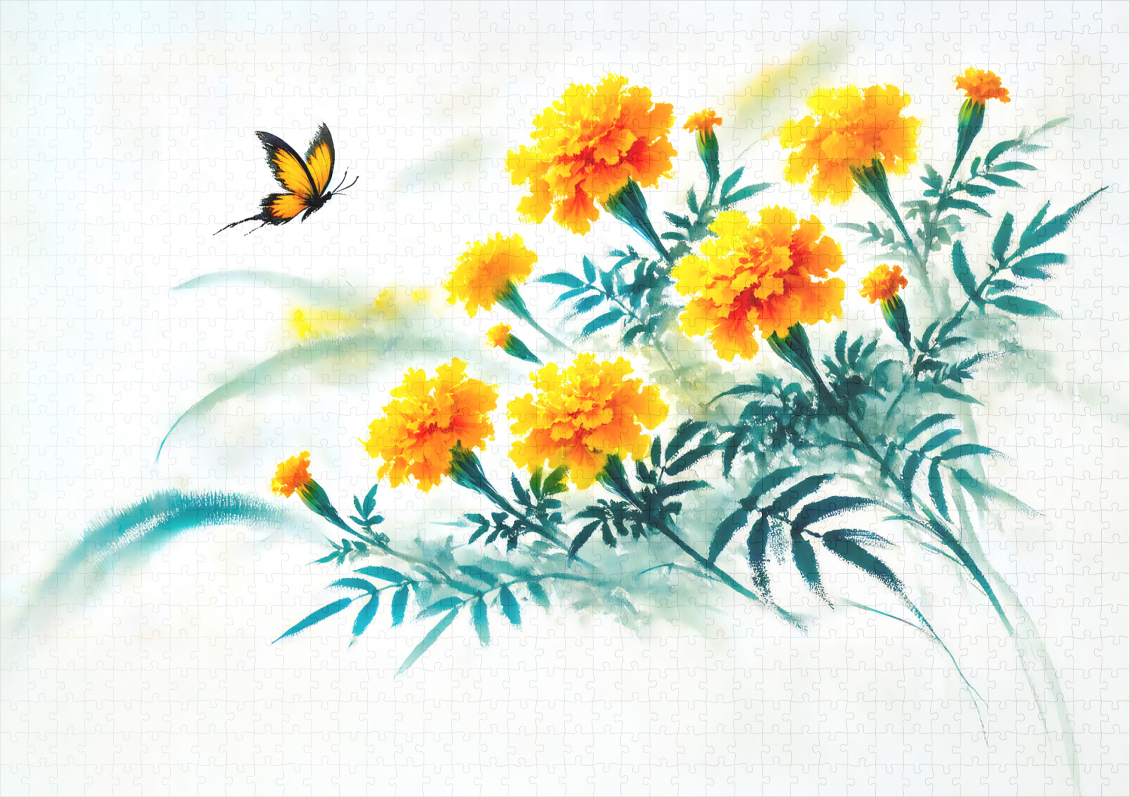 raxxa Premium-Puzzle: Yellow Daisies with Butterfly Asian Ink Painting – Image 2