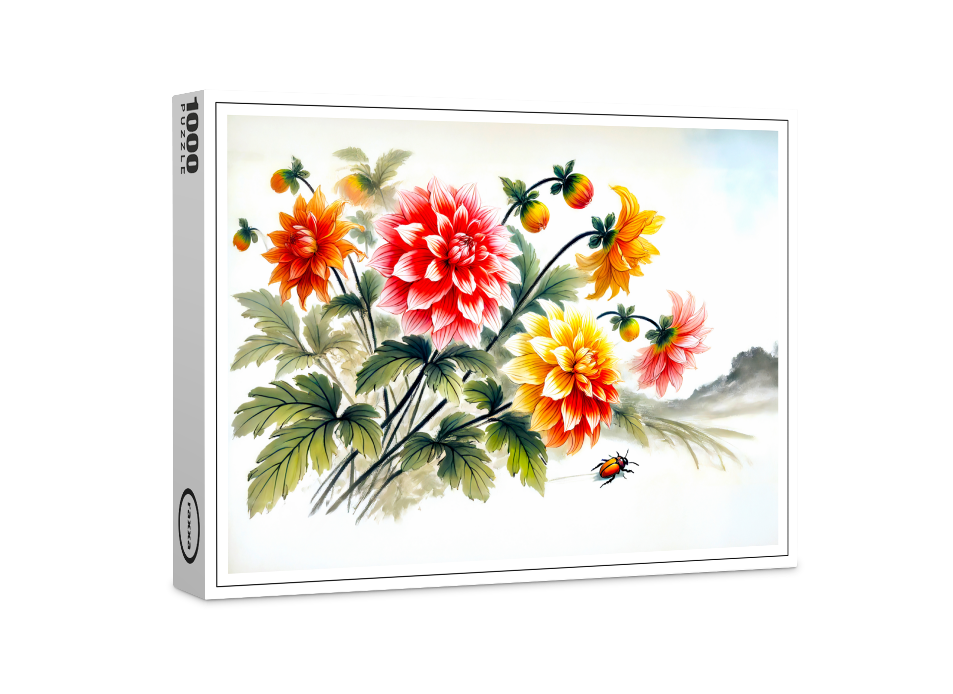 raxxa Premium-Puzzle: Dahlias flowers in Asian Ink Painting