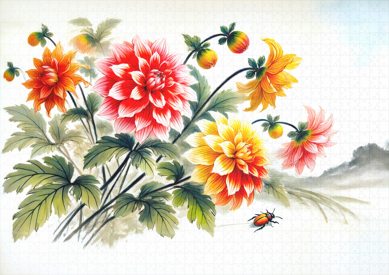 raxxa Premium-Puzzle: Dahlias flowers in Asian Ink Painting – Image 2