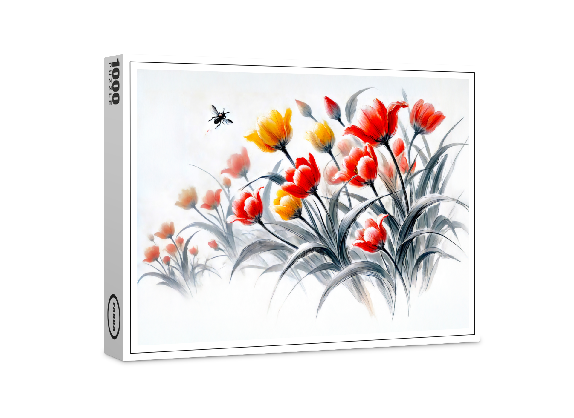 raxxa Premium-Puzzle: Red and White Tulips Asian Ink Painting