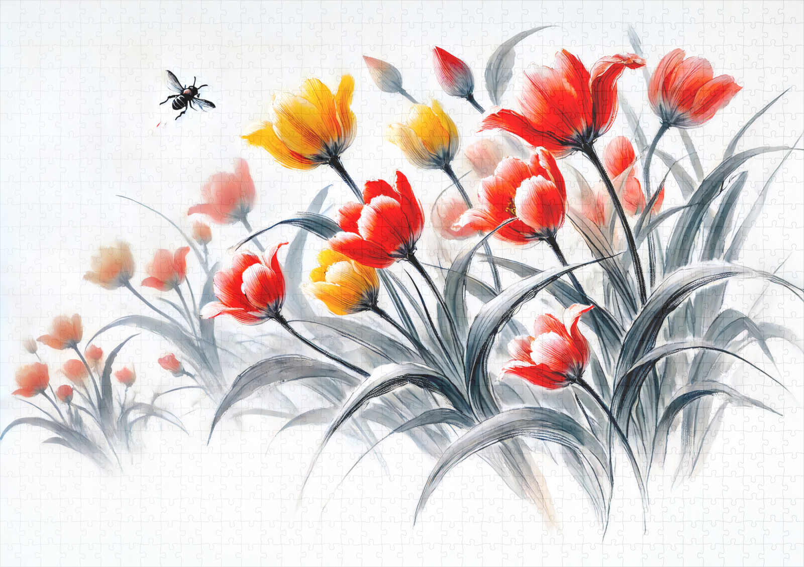 raxxa Premium-Puzzle: Red and White Tulips Asian Ink Painting – Image 2