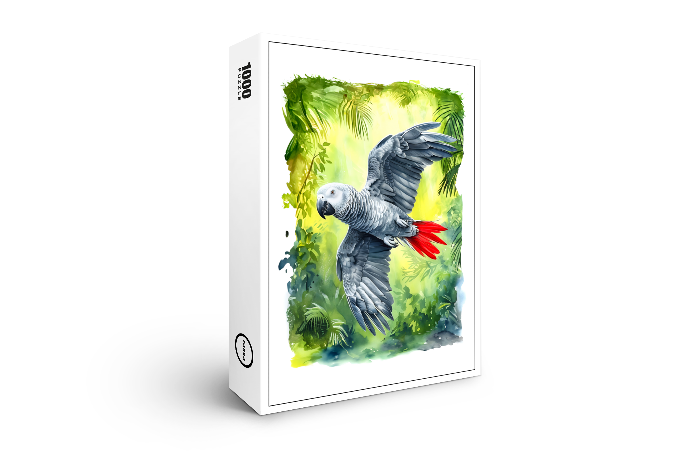 raxxa Premium-Puzzle: Watercolor painting of African grey parrot in jungle