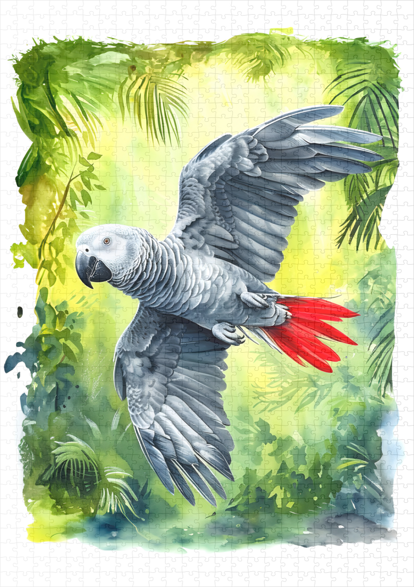 raxxa Premium-Puzzle: Watercolor painting of African grey parrot in jungle - Imagen 2