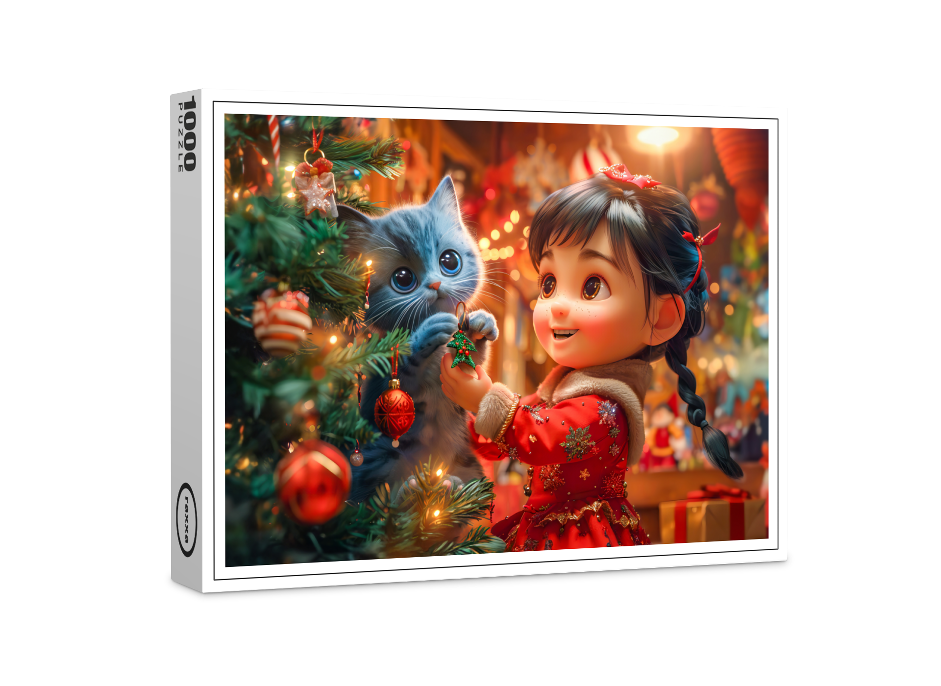 raxxa Premium-Puzzle: Girl and Cat Decorate for Christmas
