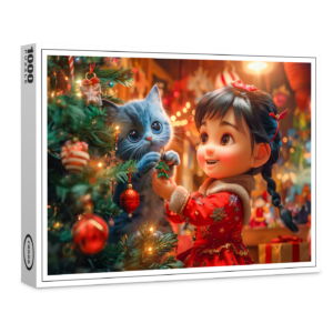 raxxa Premium-Puzzle: Girl and Cat Decorate for Christmas