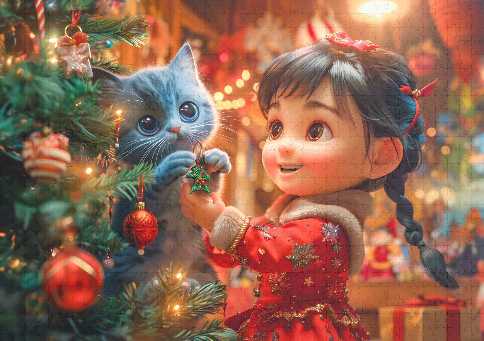 raxxa Premium-Puzzle: Girl and Cat Decorate for Christmas – Bild 2