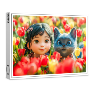 raxxa Premium-Puzzle: Spring Fantasy Girl and Cat in Tulips