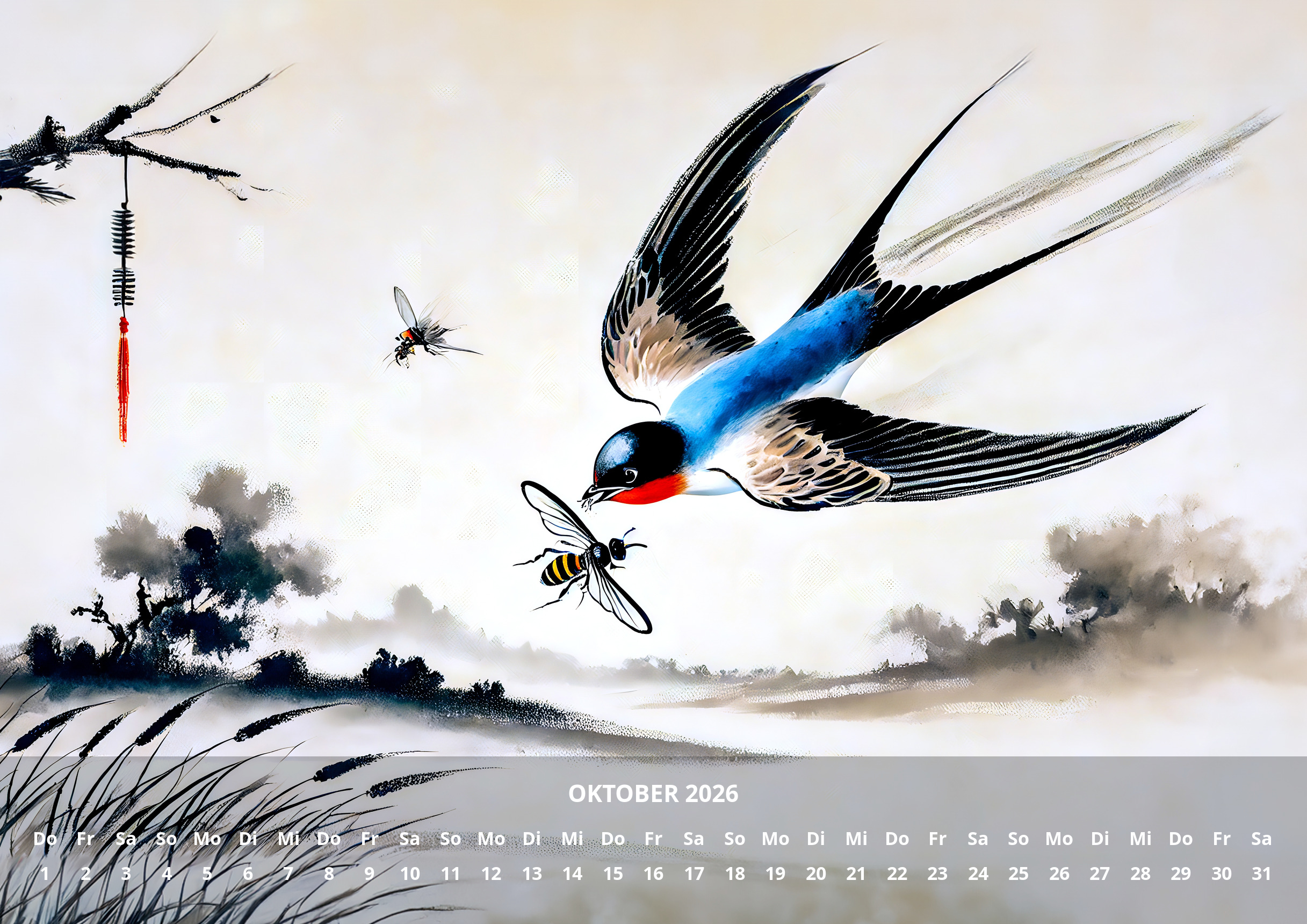 raxxa Premium-Monatskalender China Schwalben 2026 - Imagen 12