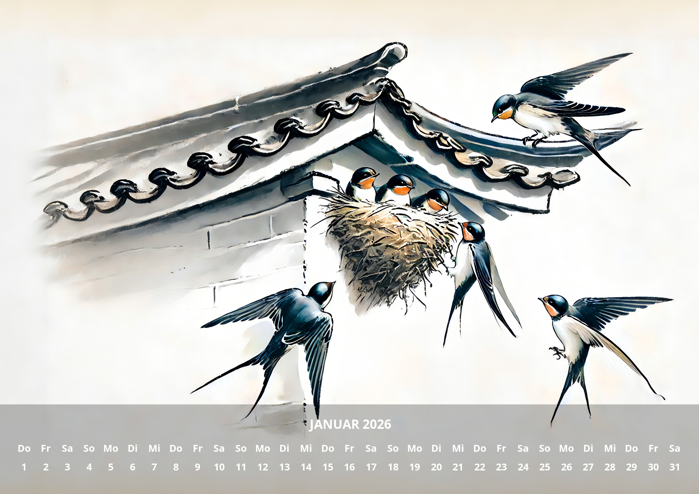 raxxa Premium-Monatskalender China Schwalben 2026 - Imagen 3