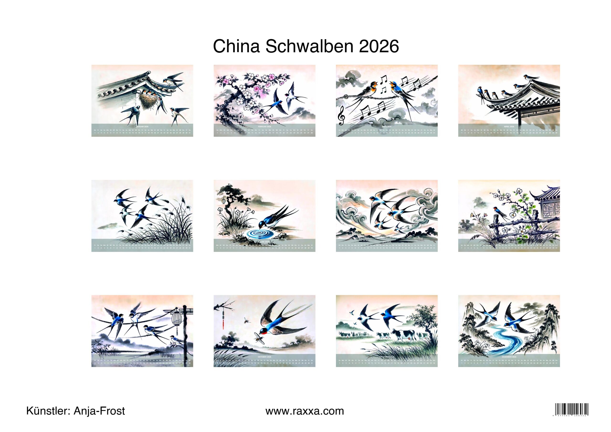 raxxa Premium-Monatskalender China Schwalben 2026 - Imagen 2