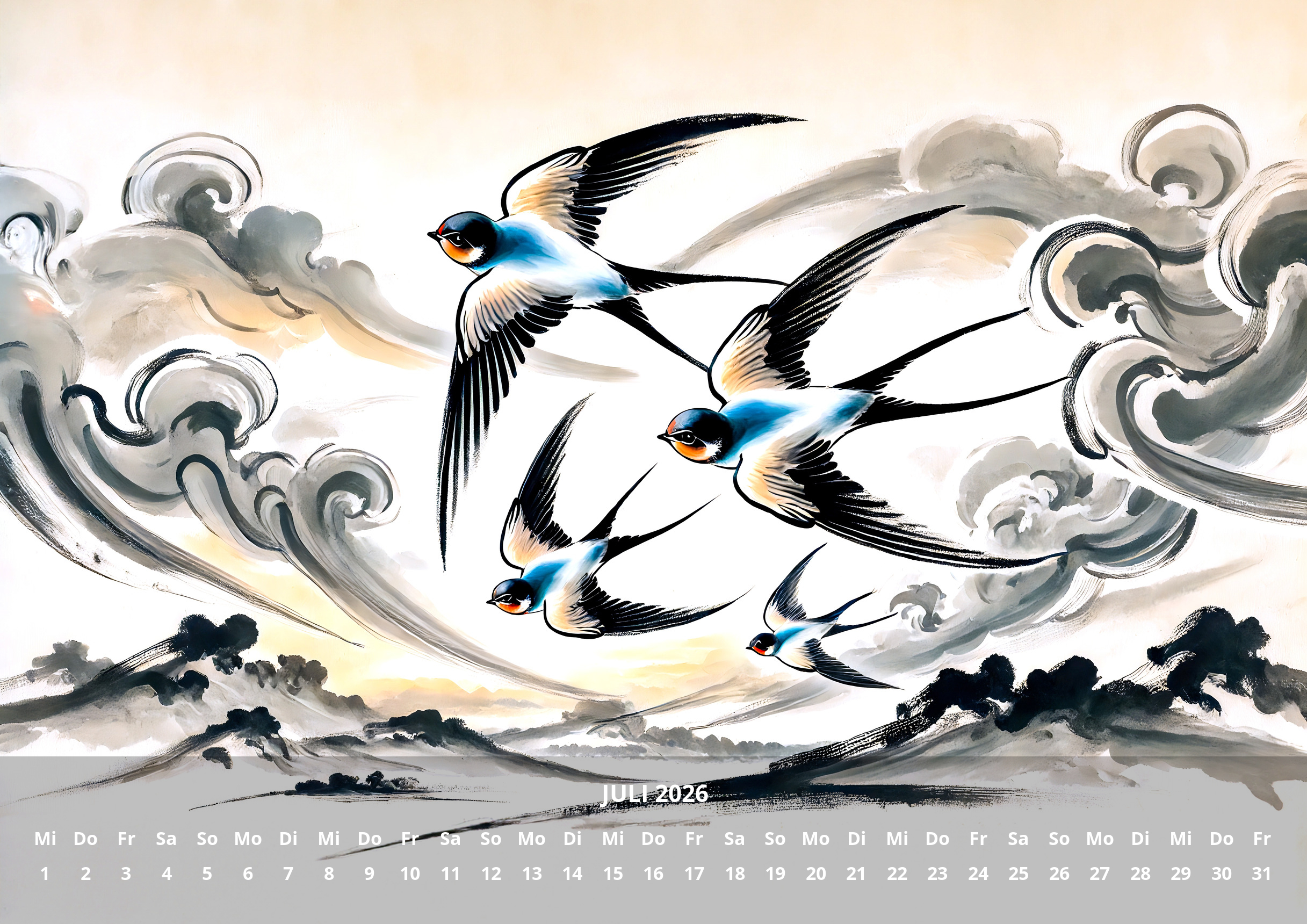 raxxa Premium-Monatskalender China Schwalben 2026 - Imagen 9