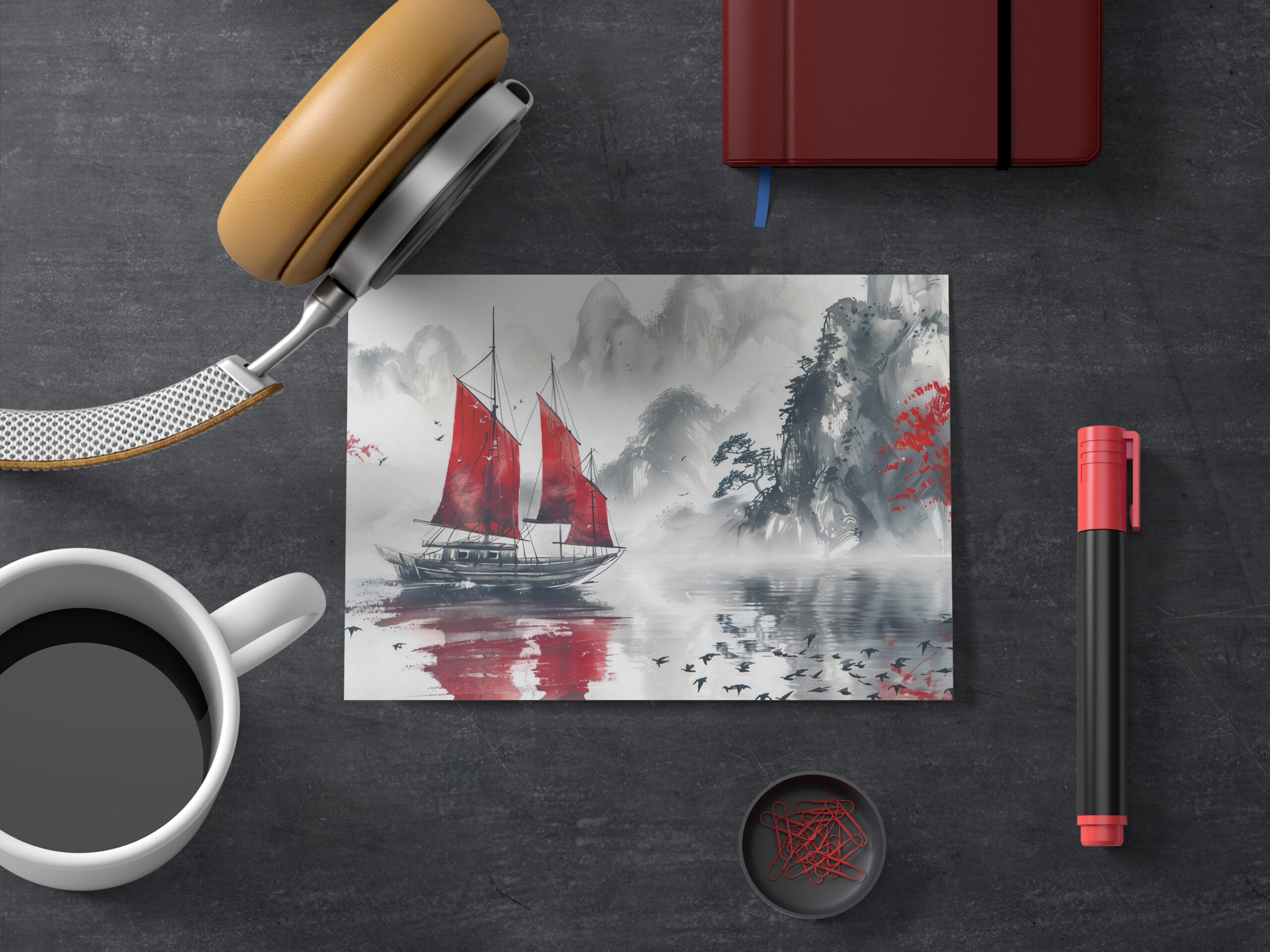 raxxa Postkarte: Chinese Watercolor Junk on Serene Lake