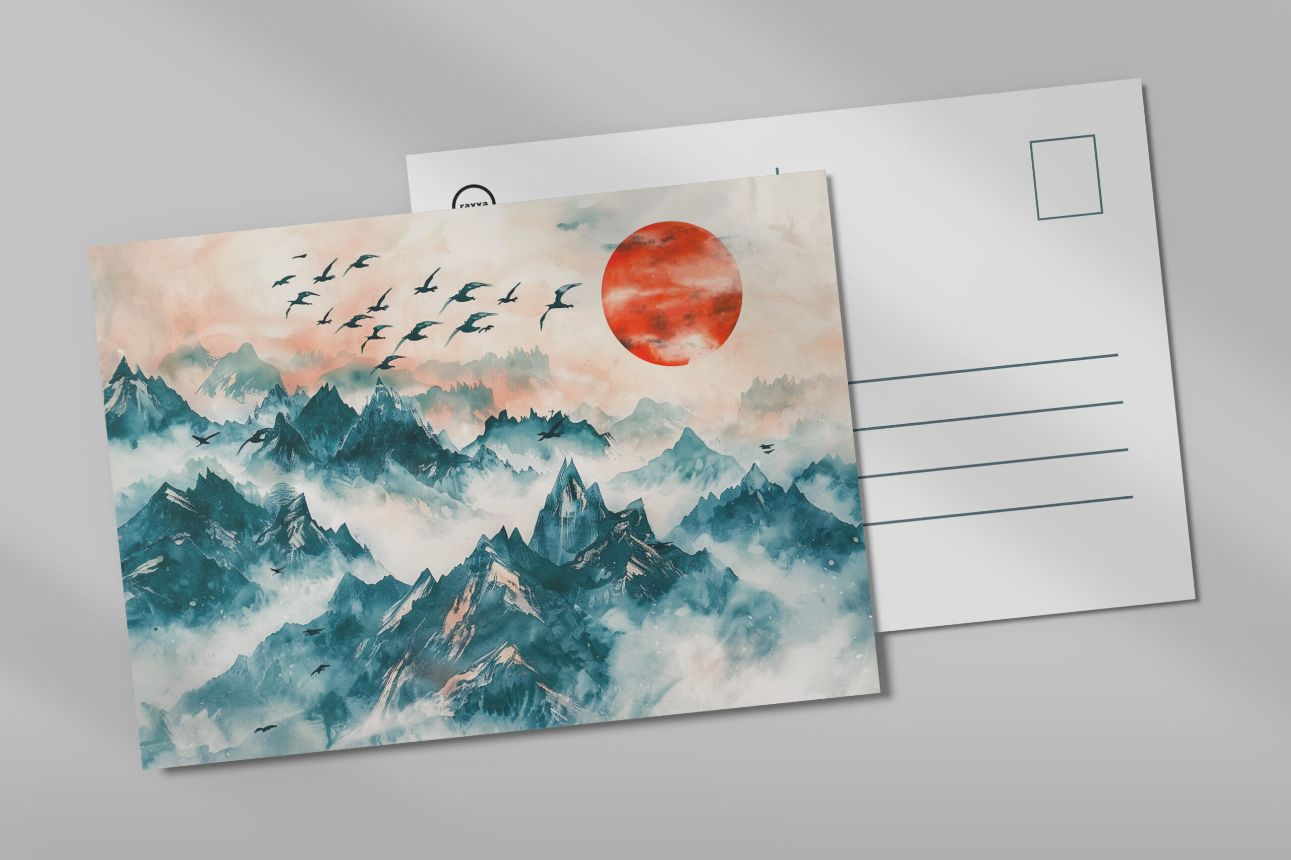 raxxa Postkarte: Chinese Watercolor Birds Soaring over Mountains
