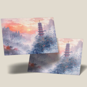 raxxa Postkarte: Chinese Watercolor Temple at Evening Glow