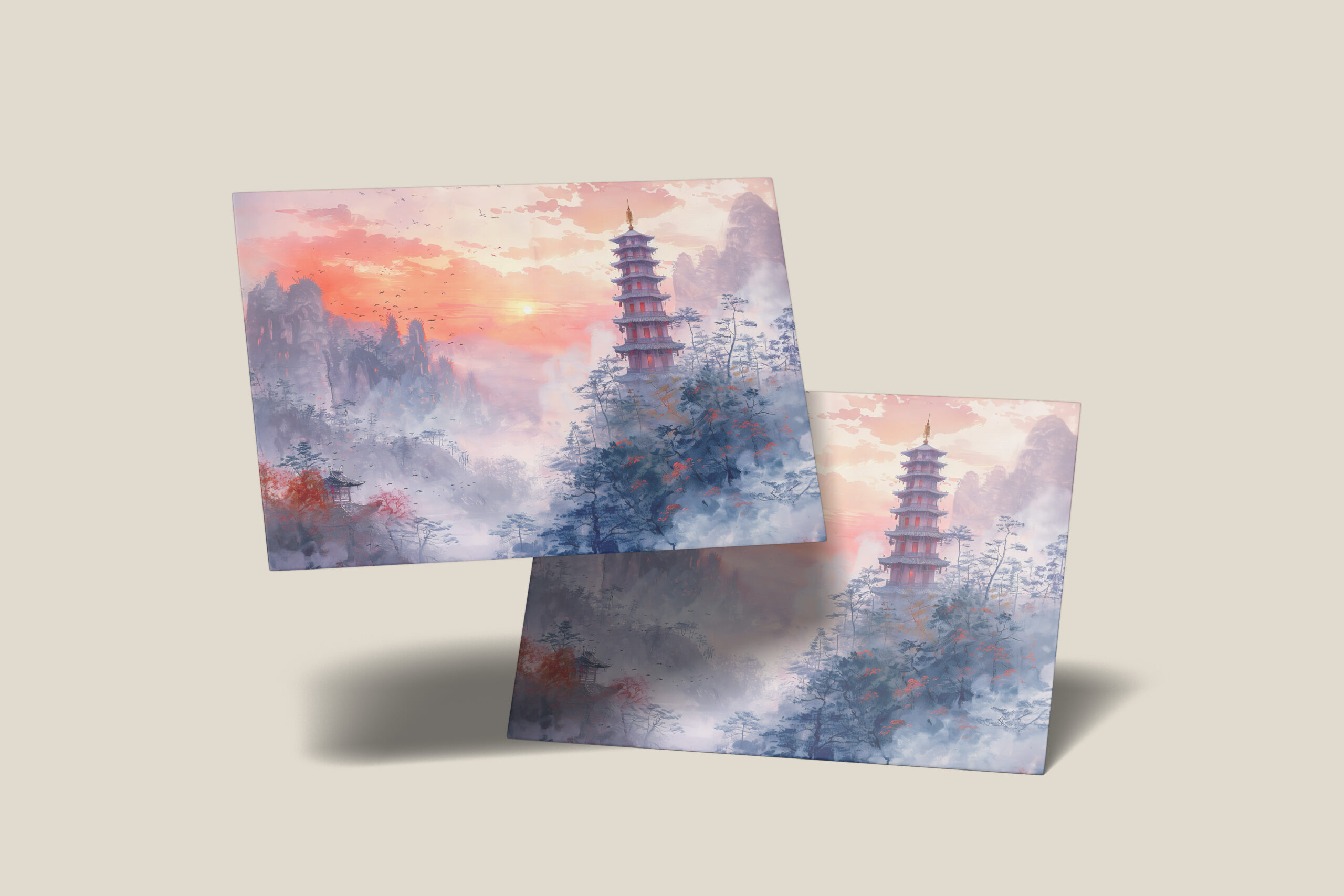 raxxa Postkarte: Chinese Watercolor Temple at Evening Glow