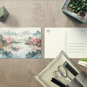 raxxa Postkarte: Chinese Watercolor Lotus and Serene Mountains