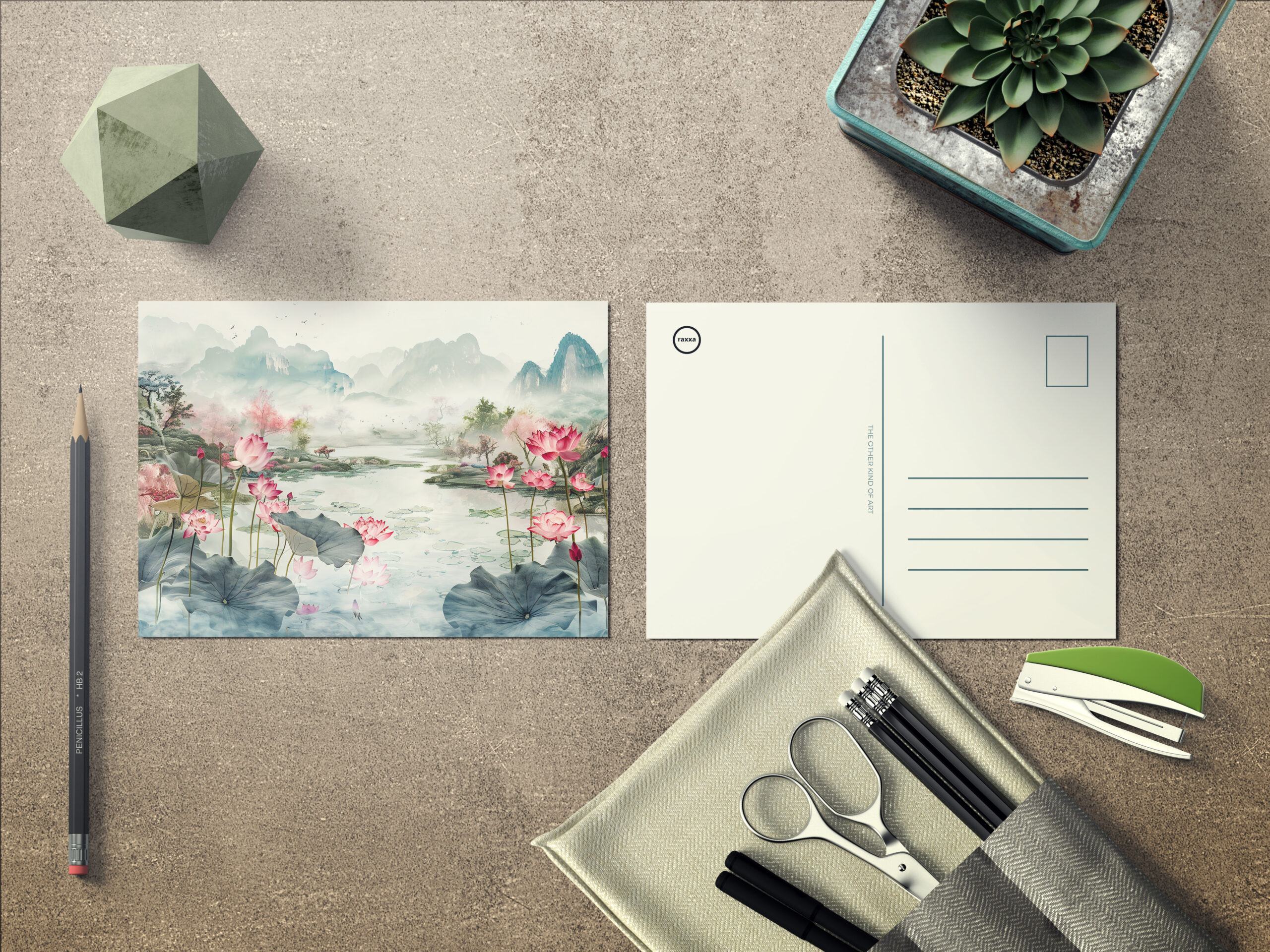 raxxa Postkarte: Chinese Watercolor Lotus and Serene Mountains