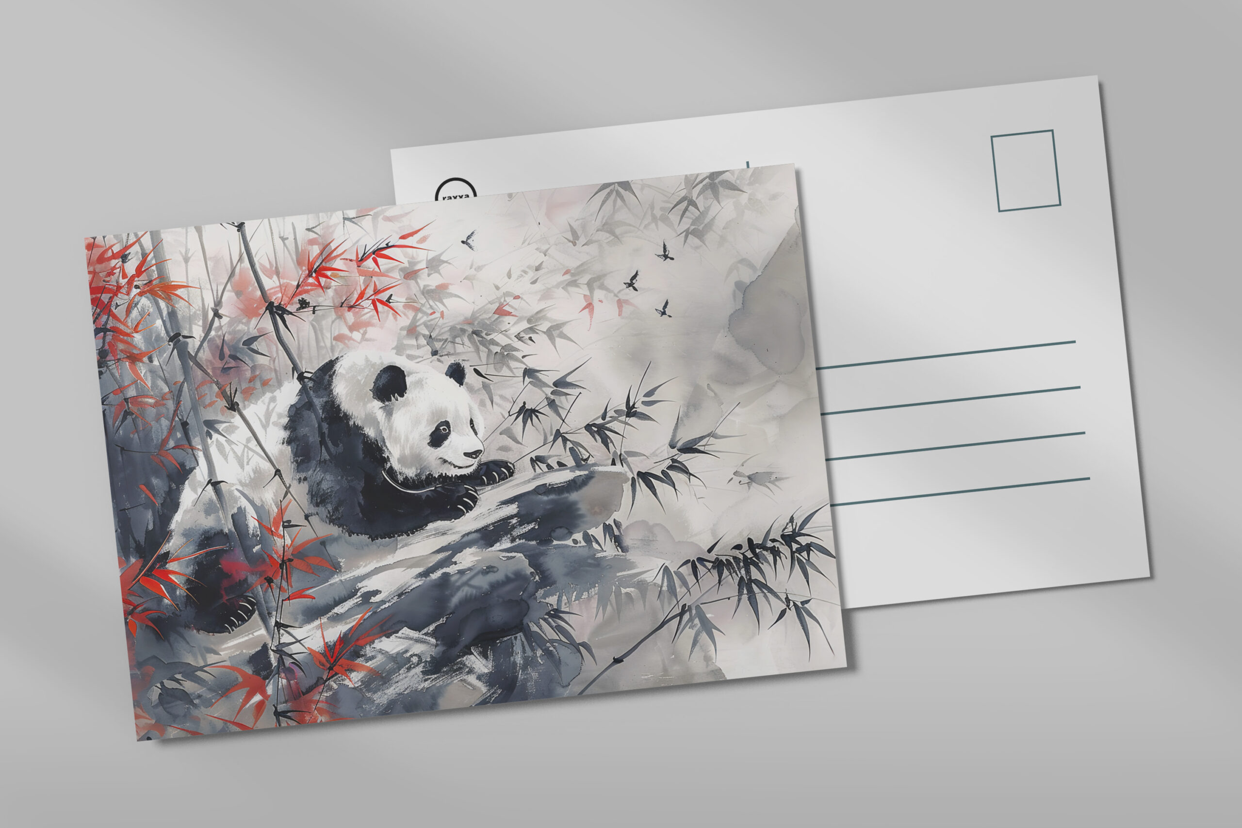 raxxa Postkarte: Chinese Watercolor Panda and Bamboo