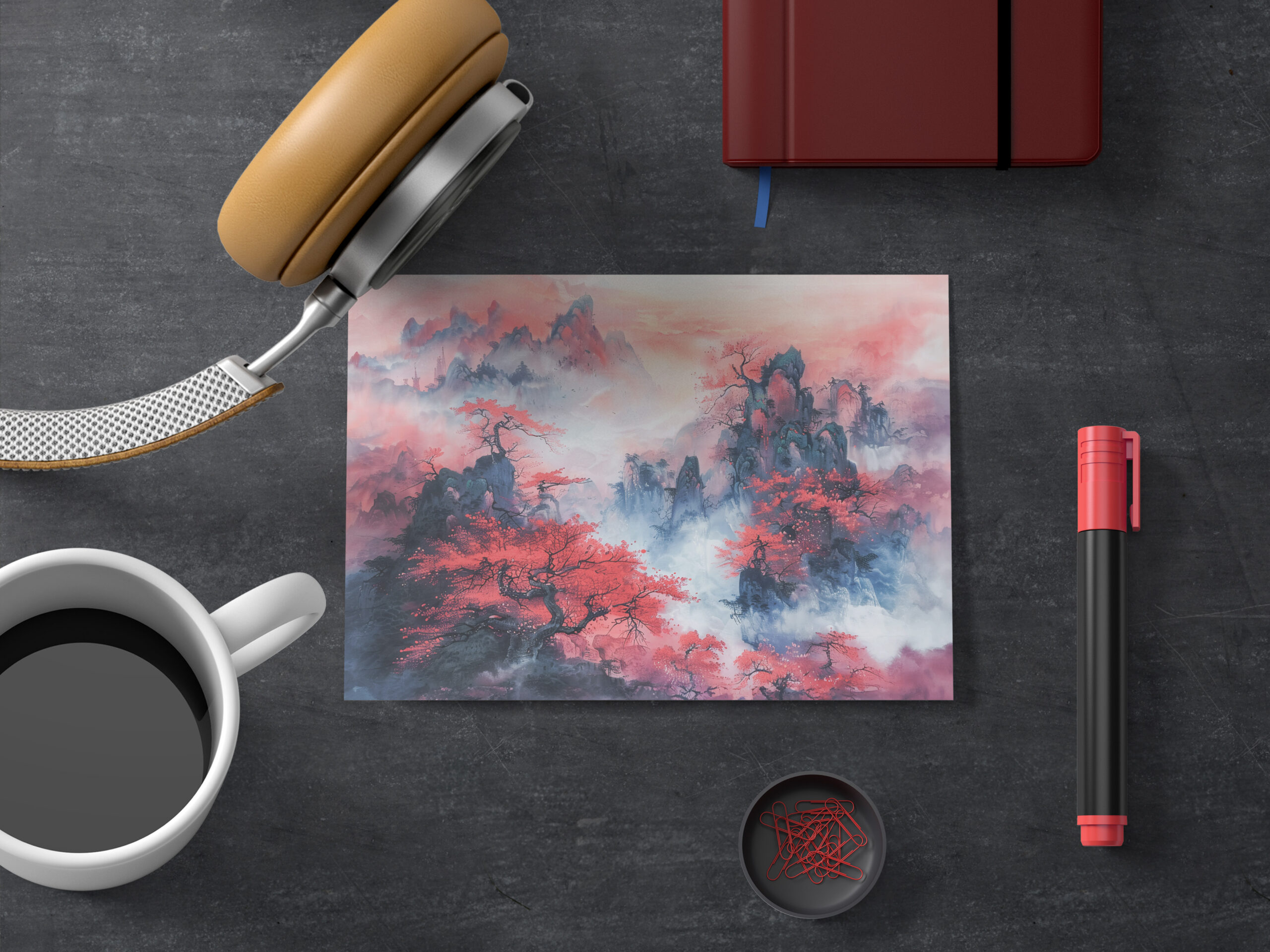 raxxa Postkarte: Chinese Watercolor Autumn Mountains at Sunset