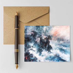 raxxa Postkarte: Chinese Watercolor Waves on Rocky Coast