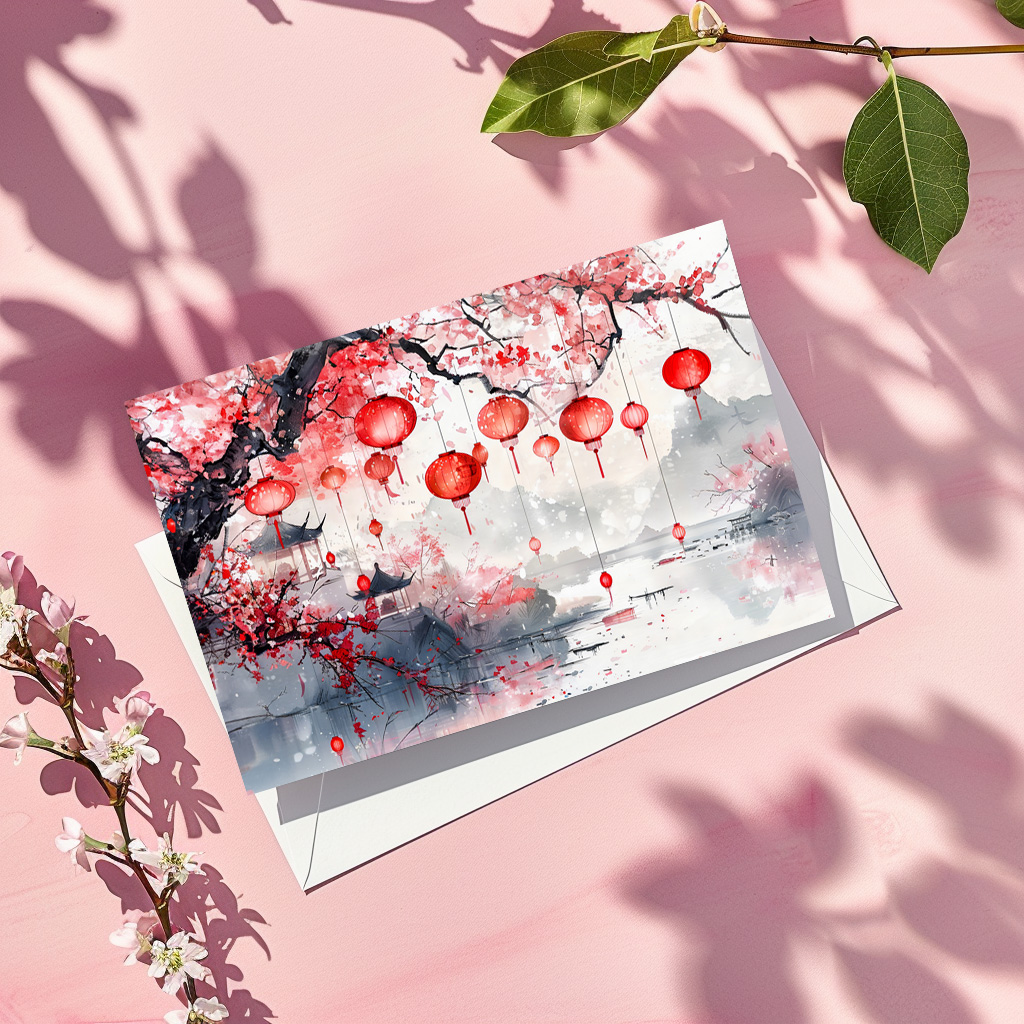 raxxa Postkarte: Chinese Watercolor Lanterns and Blossoming Trees