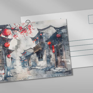 raxxa Postkarte: Chinese Watercolor Lantern-Lit Old Town