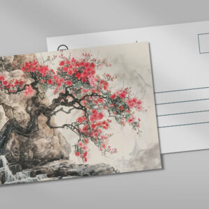 raxxa Postkarte: Chinese Watercolor Blossoming Tree in Mountains