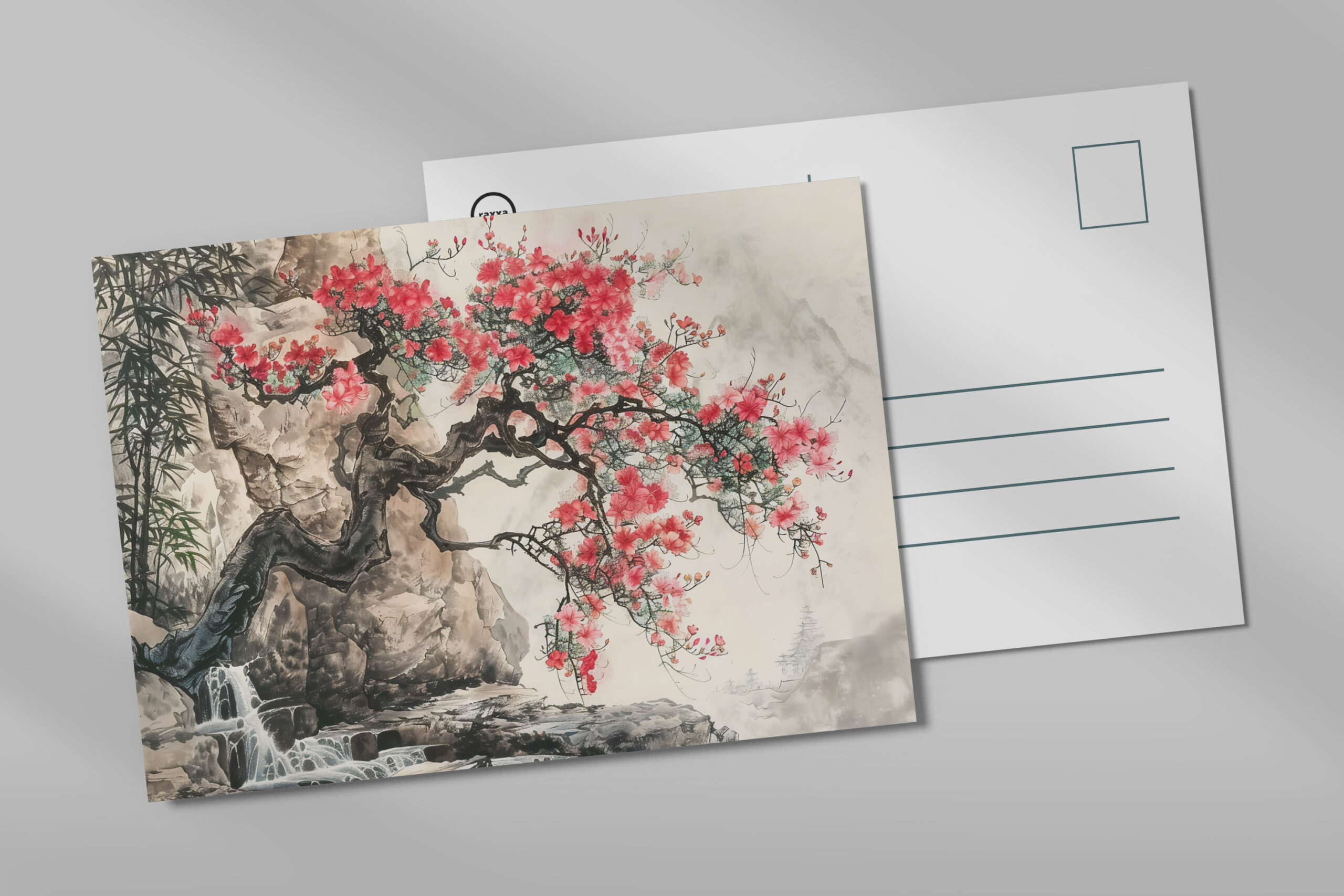 raxxa Postkarte: Chinese Watercolor Blossoming Tree in Mountains
