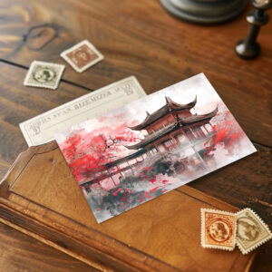 raxxa Postkarte: Chinese Watercolor Red Maple by Temple
