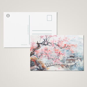 raxxa Postkarte: Chinese Watercolor Temple with Cherry Blossoms