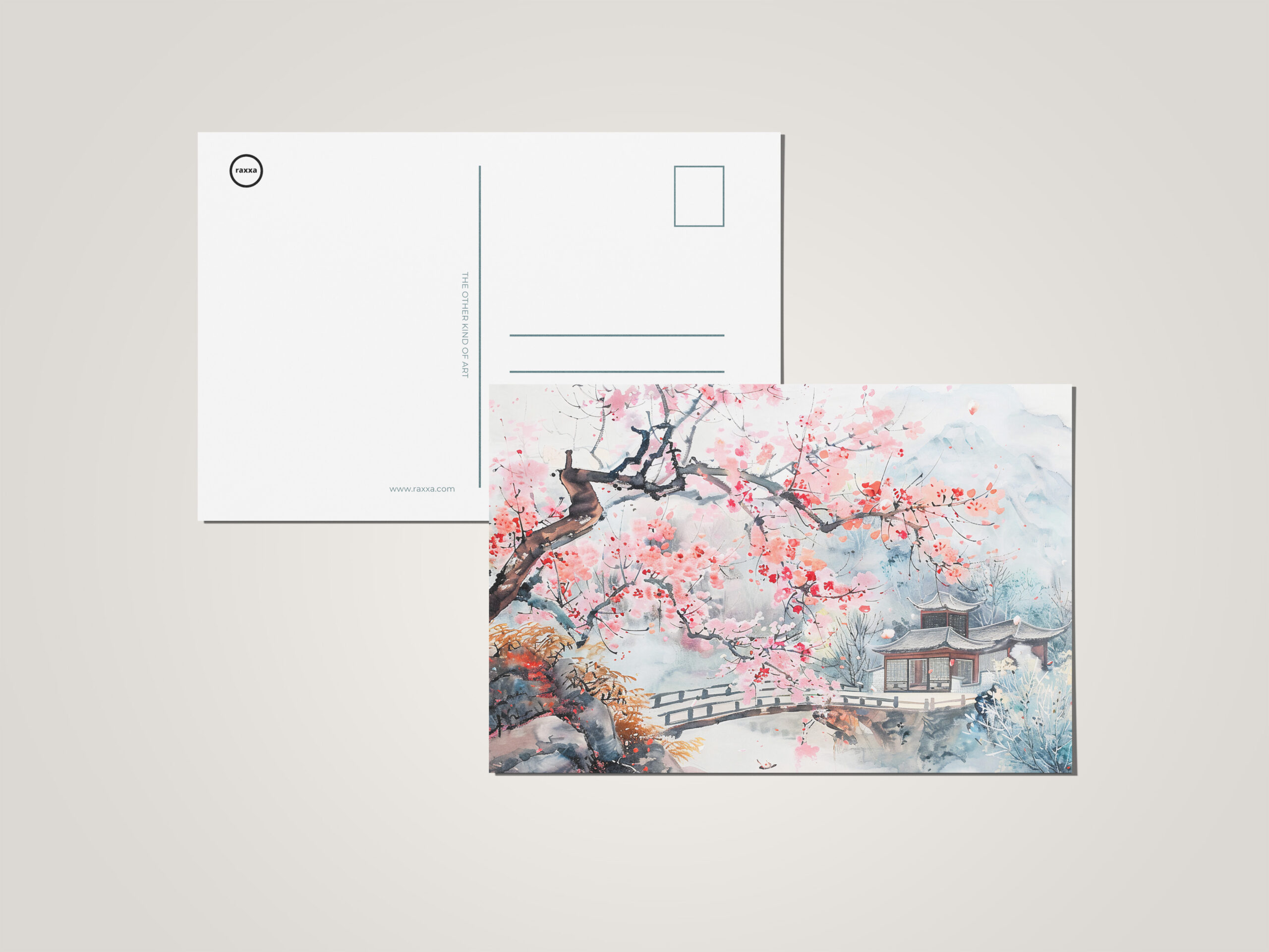 raxxa Postkarte: Chinese Watercolor Temple with Cherry Blossoms