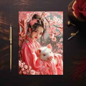raxxa Postkarte: Girl with Pig Chinese Zodiac Art