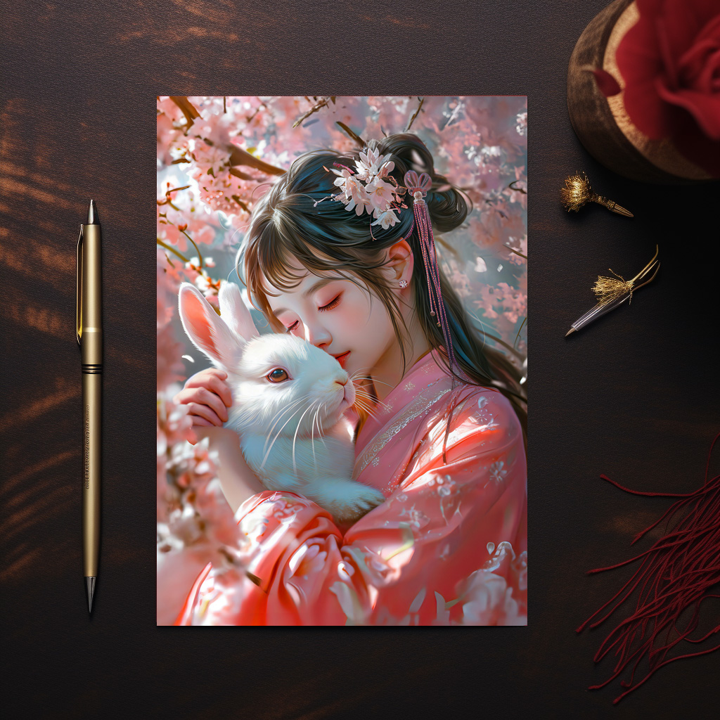 raxxa Postkarte: Girl with Rabbit Chinese Zodiac Art