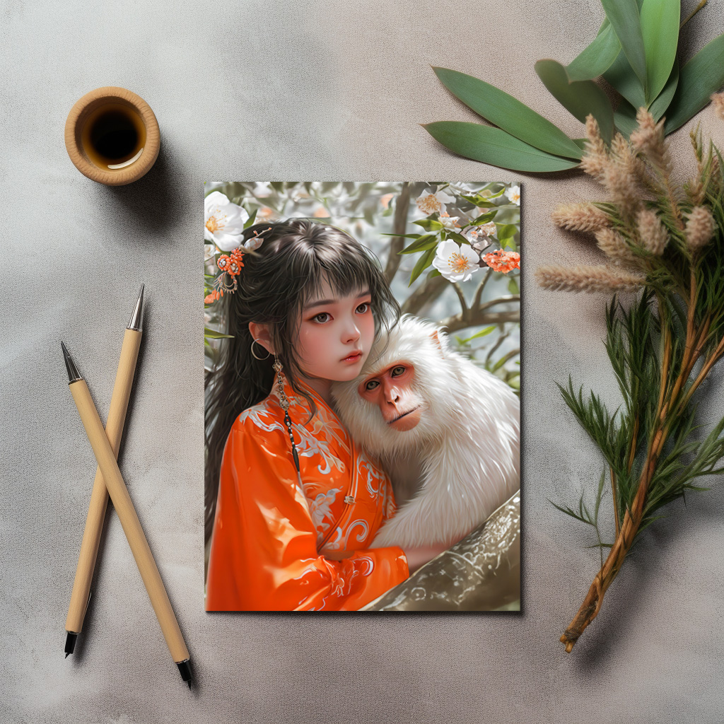 raxxa Postkarte: Girl with Monkey Chinese Zodiac Art