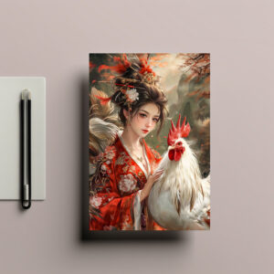 raxxa Postkarte: Girl with Rooster Chinese Zodiac Art