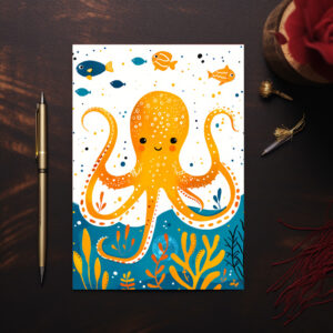 raxxa Postkarte: Cartoon of Playful Octopus with Colorful Fish