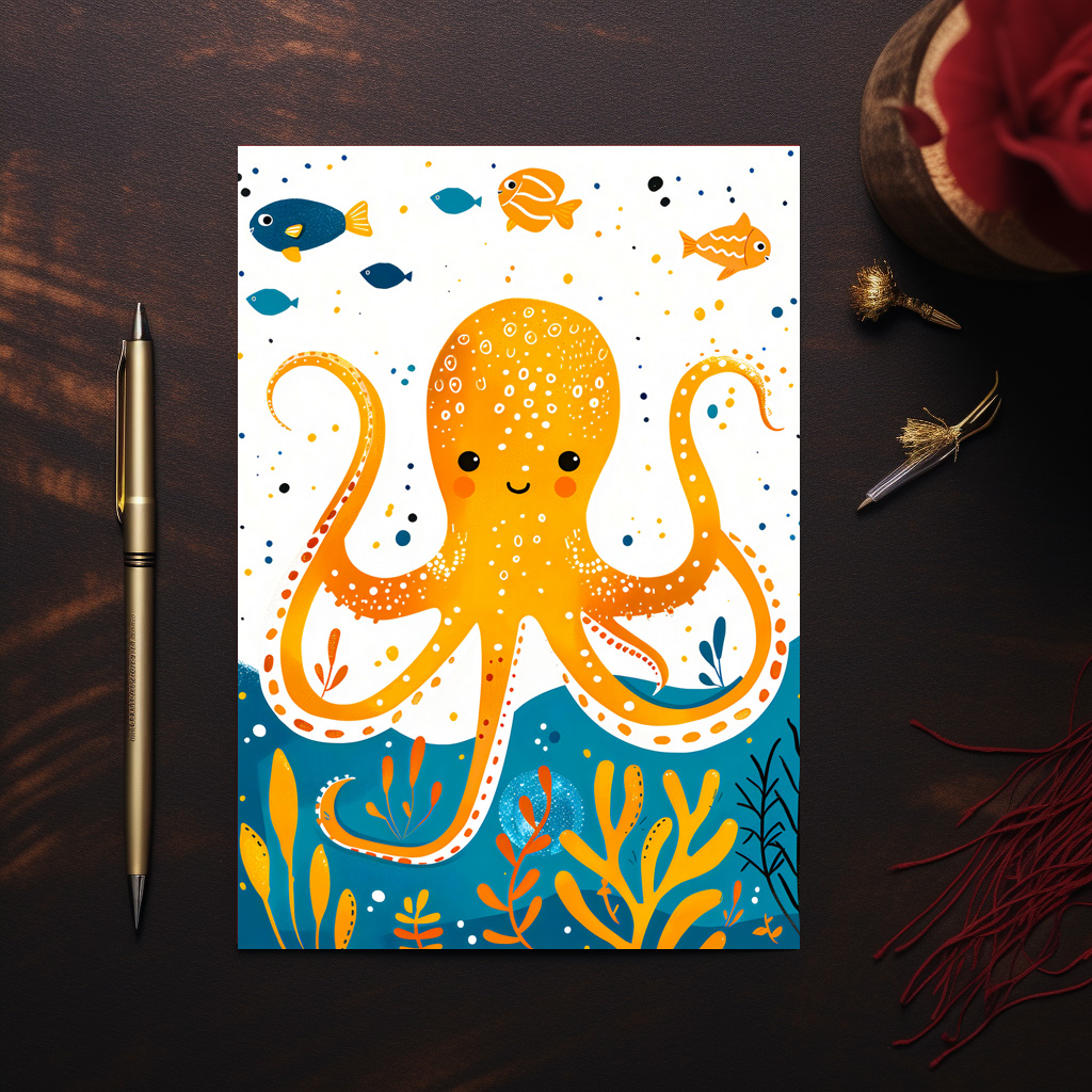 raxxa Postkarte: Cartoon of Playful Octopus with Colorful Fish
