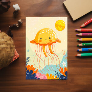 raxxa Postkarte: Cartoon of Jellyfish Floating by Coral Reef