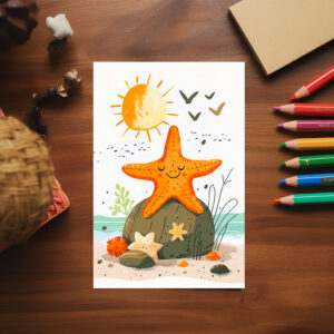 raxxa Postkarte: Cartoon of Starfish on Rock by Ocean