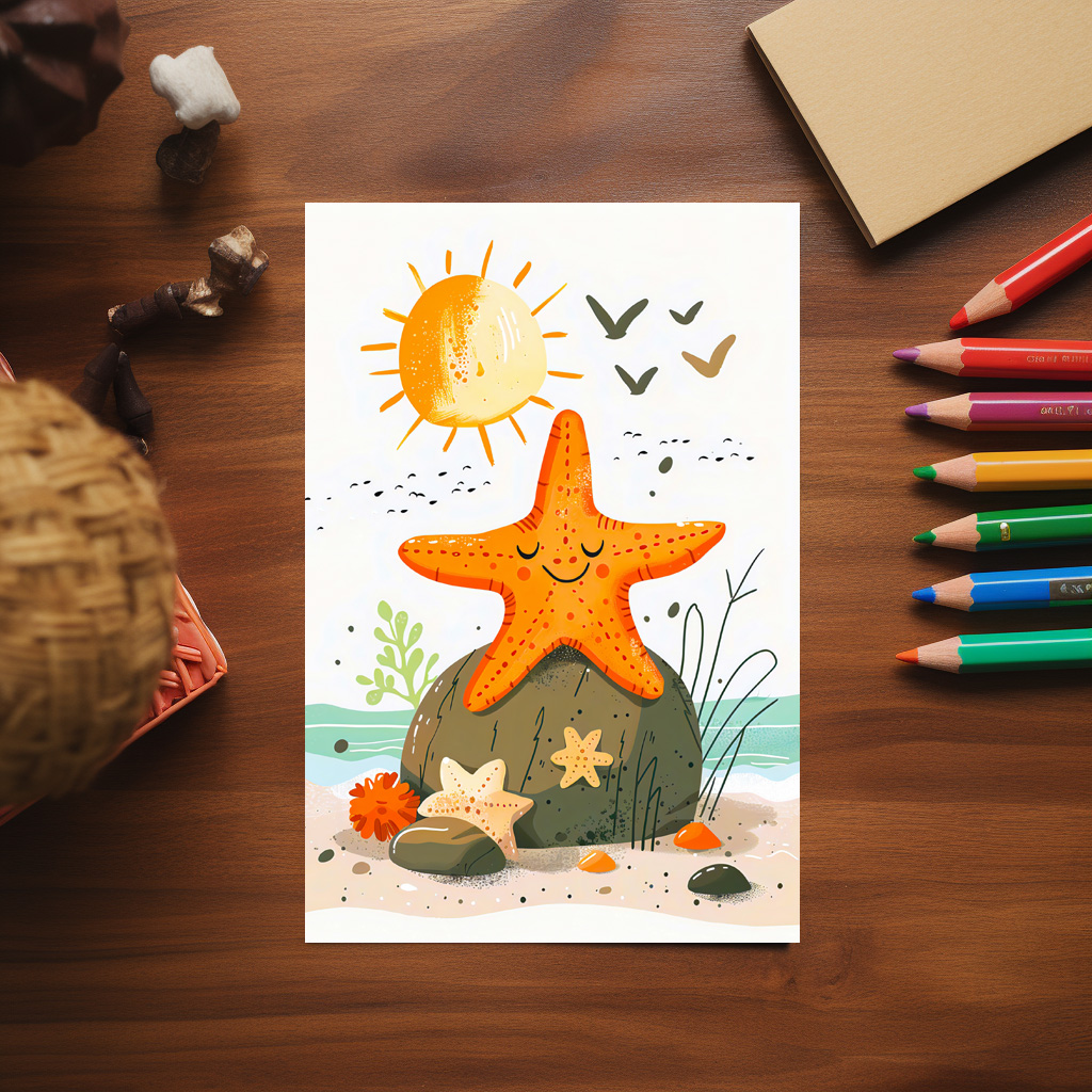 raxxa Postkarte: Cartoon of Starfish on Rock by Ocean