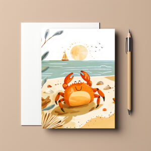 raxxa Postkarte: Cartoon of Crab on Beach with Boat
