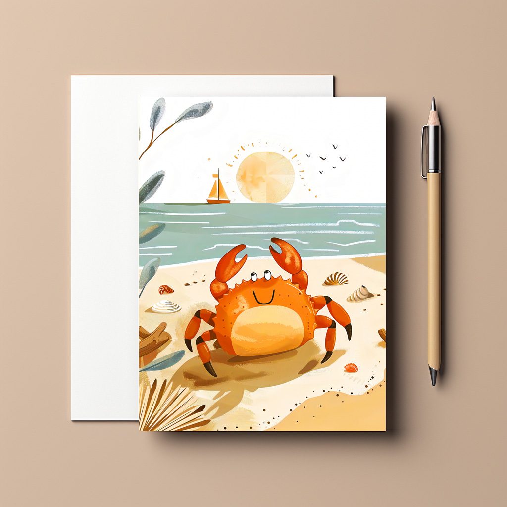 raxxa Postkarte: Cartoon of Crab on Beach with Boat