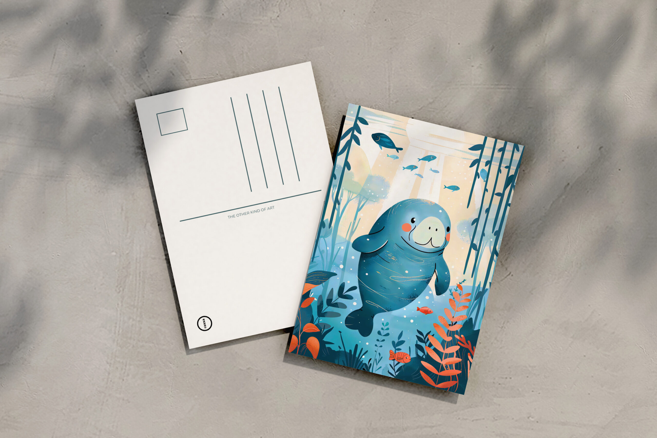 raxxa Postkarte: Cartoon of Watercolor of Gentle Manatee in Ocean