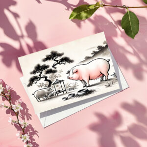raxxa Postkarte: Ink art of Content Pig in Pen with Garden