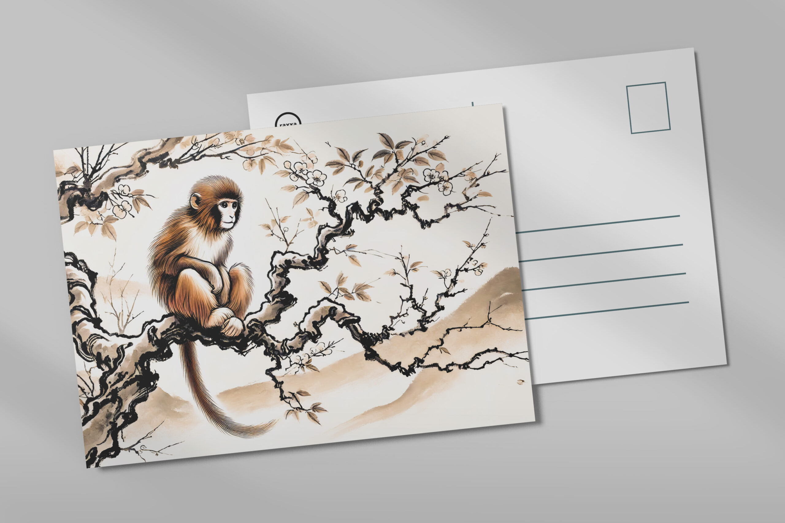 raxxa Postkarte: China ink zodiac Playful Monkey Perched on Tree