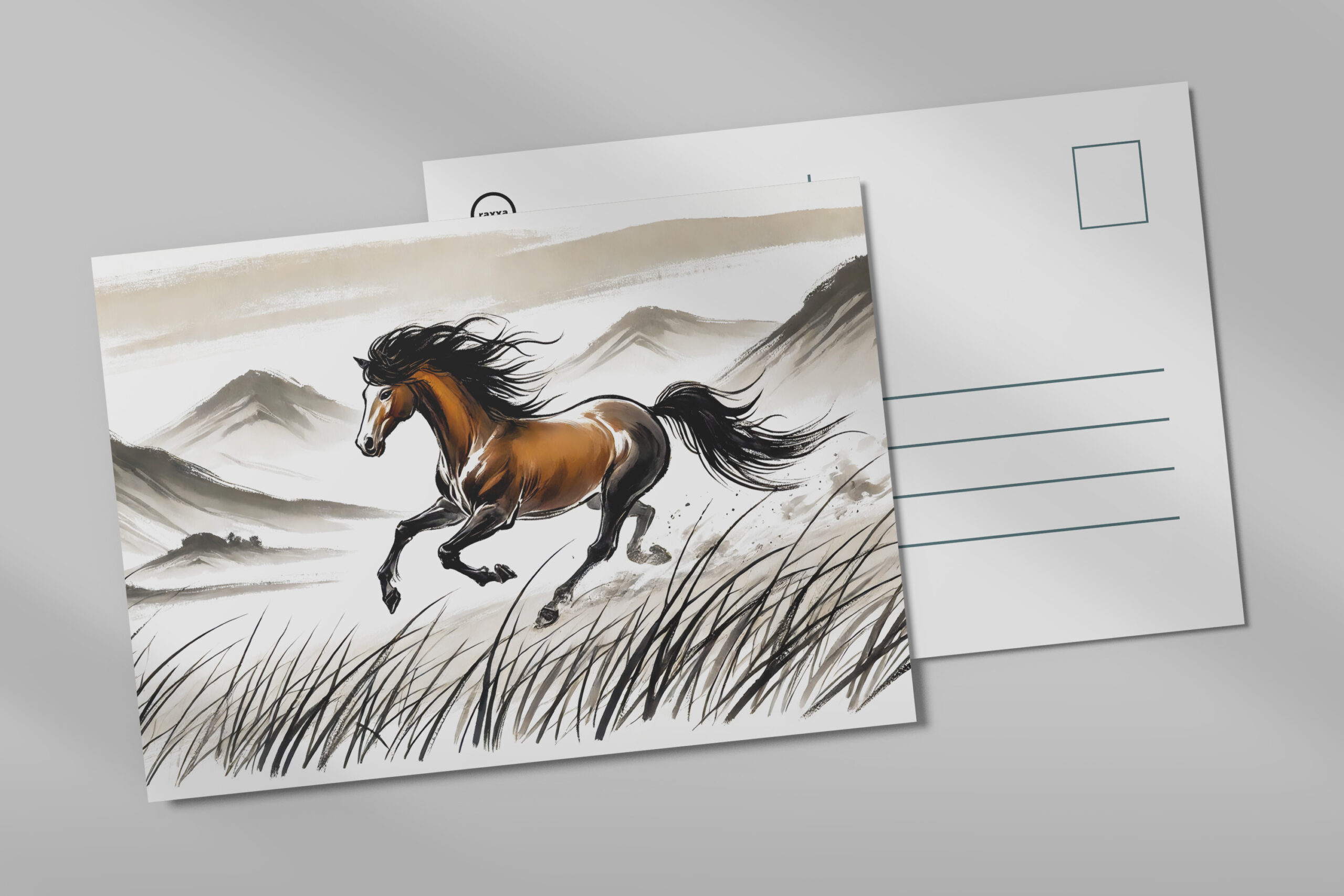 raxxa Postkarte: Galloping Horse Across Pasture ink painting