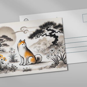 raxxa Postkarte: Loyal Dog in Garden Under Bonsai ink art