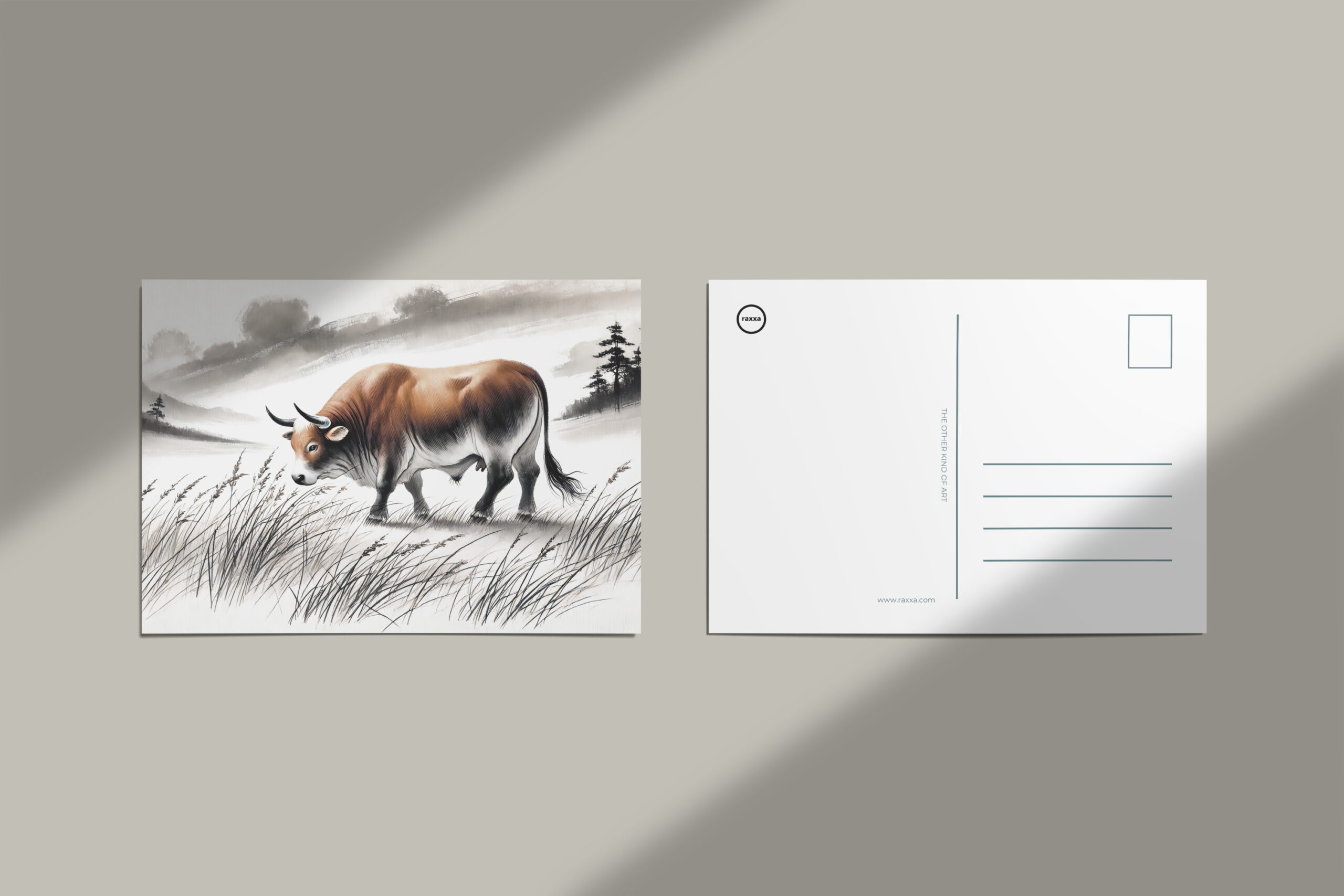 raxxa Postkarte: China ink zodiac Strong Ox Grazing on Meadow