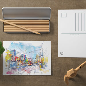 raxxa Postkarte: Watercolor Berlin Mitte Tram Colorful Facades